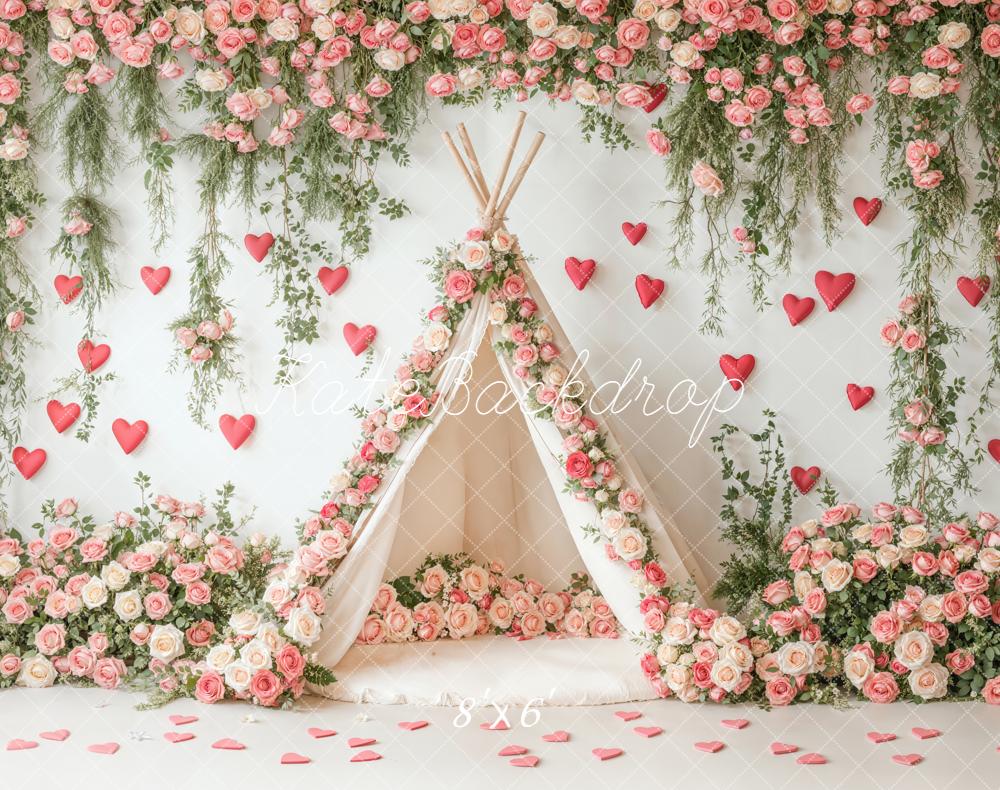 Kate Flower Arch Tent Pink Roses Hearts Fleece Backdrop Designed by Emetselch -UK