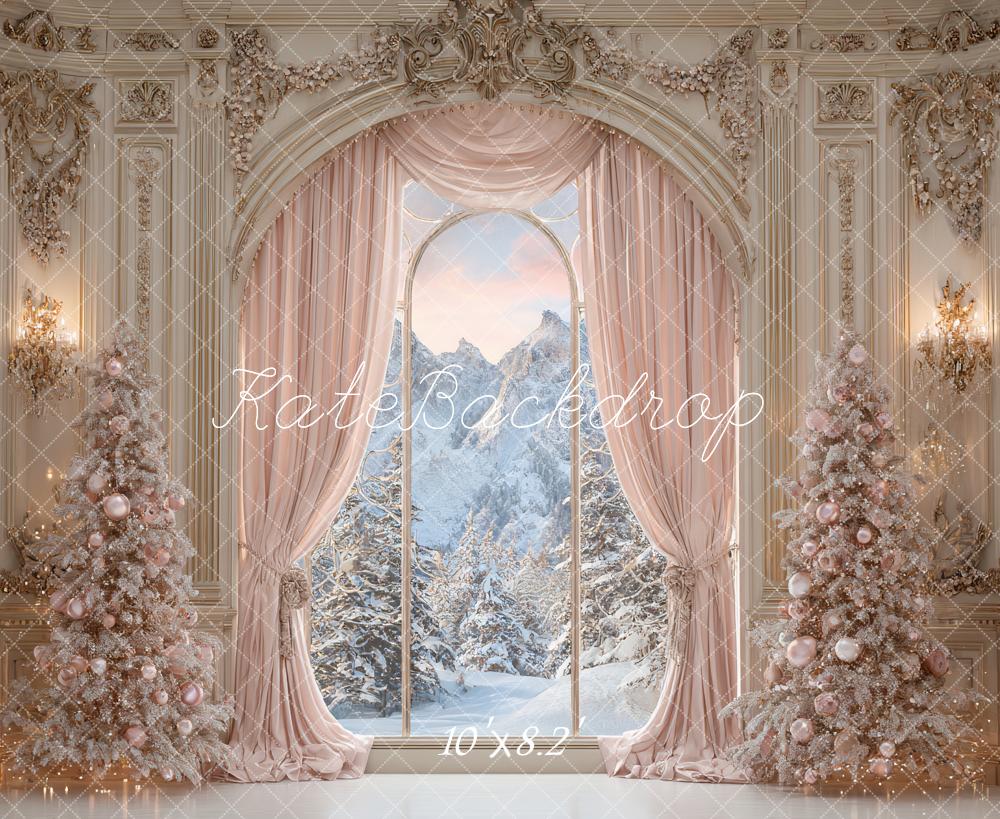 Kate Christmas Pink Trees Ornate Curtains Backdrop Designed by Ashley Paul