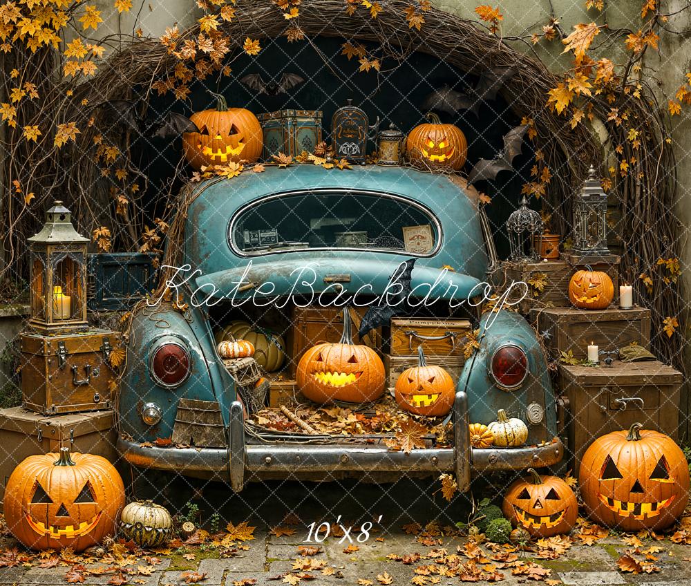 Kate Halloween Car Pumpkins Autumn Leaves Fleece Backdrop Designed by Emetselch -UK