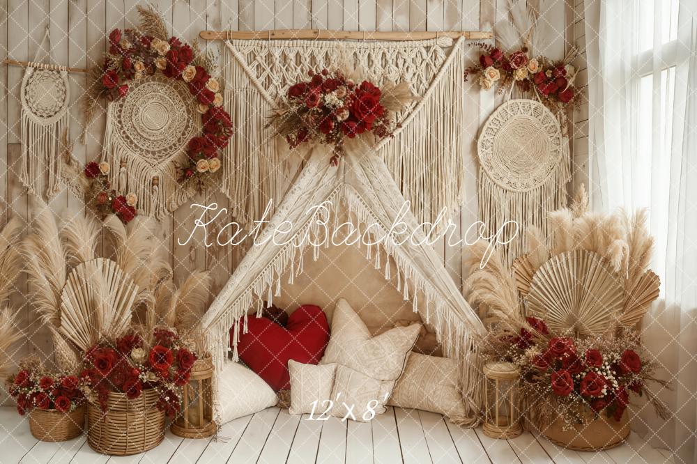 Kate Boho Macrame Pampas Grass Red Floral Backdrop Designed by Emetselch -UK