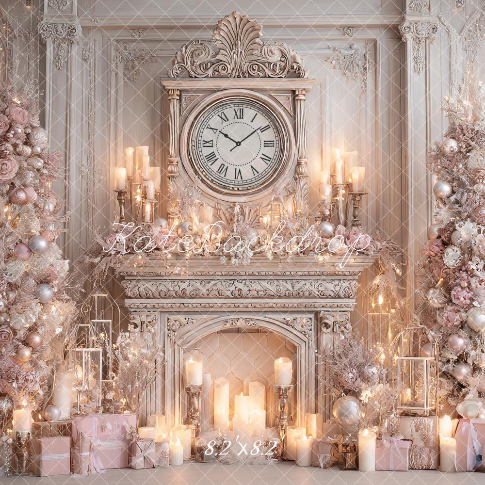 Kate Christmas Clock Fireplace Pink Trees Backdrop Designed by Ashley Paul