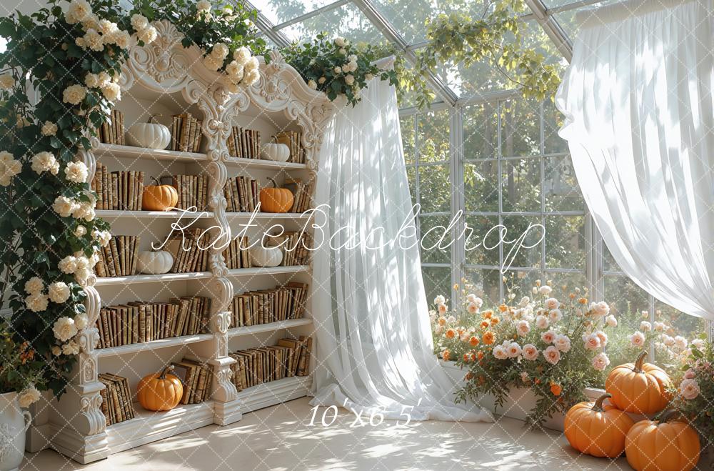 Kate Autumn Bookshelf Pumpkins Flowers Backdrop Designed by Mini MakeBelieve -UK