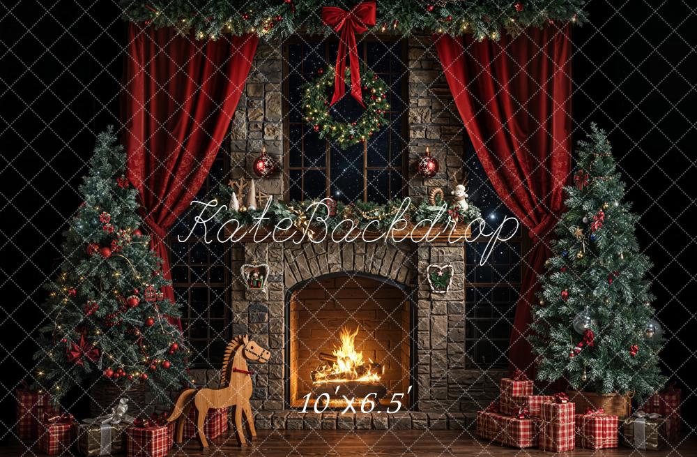 Kate Dark Christmas Fireplace Trees Backdrop Designed by Emetselch -UK
