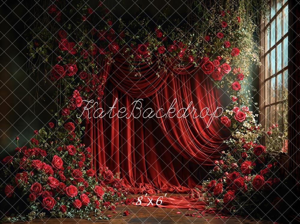 Kate Red Roses Floral Curtains Window Fleece Backdrop Designed by Emetselch -UK