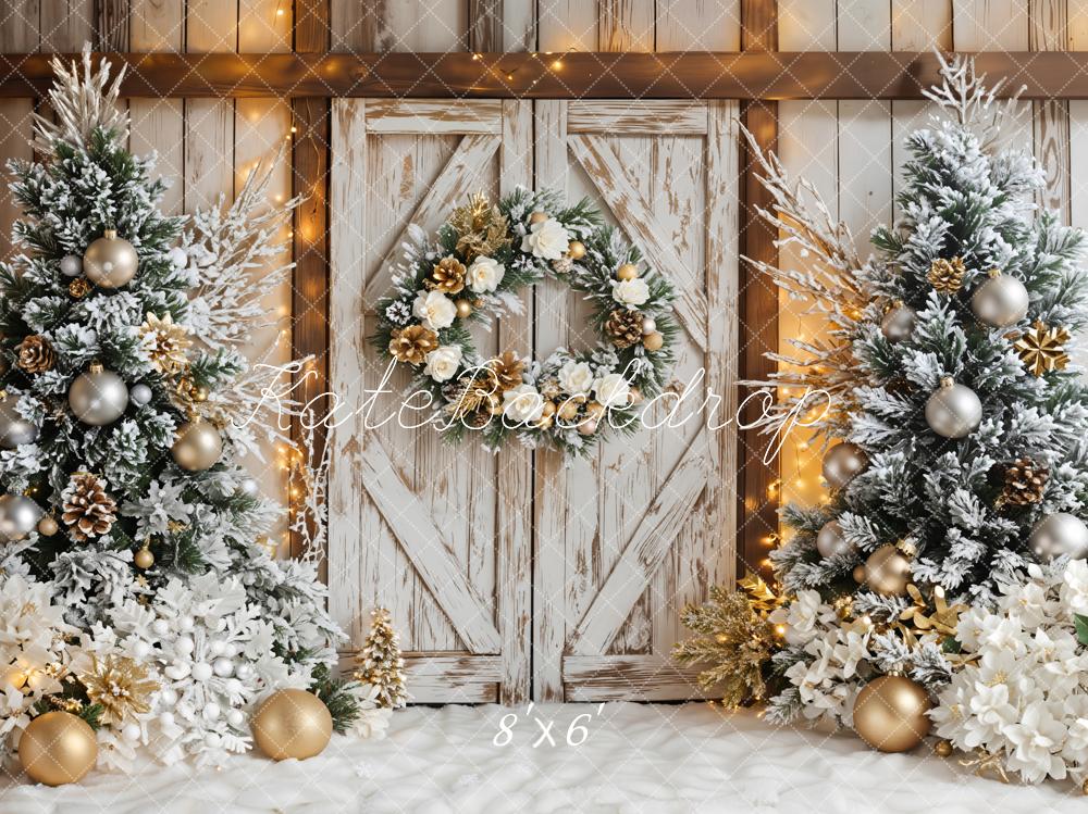 Kate Christmas Trees Rustic Door Fleece Backdrop Designed by Emetselch -UK