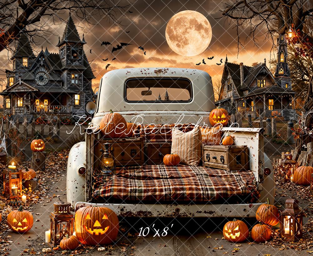 Kate Halloween Truck Haunted House Pumpkins Fleece Backdrop Designed by Emetselch -UK