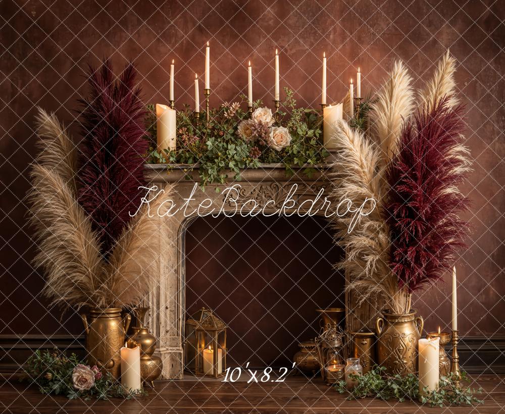 Kate Vintage Fireplace Pampas Candles Burgundy Fleece Backdrop Designed by Emetselch -UK