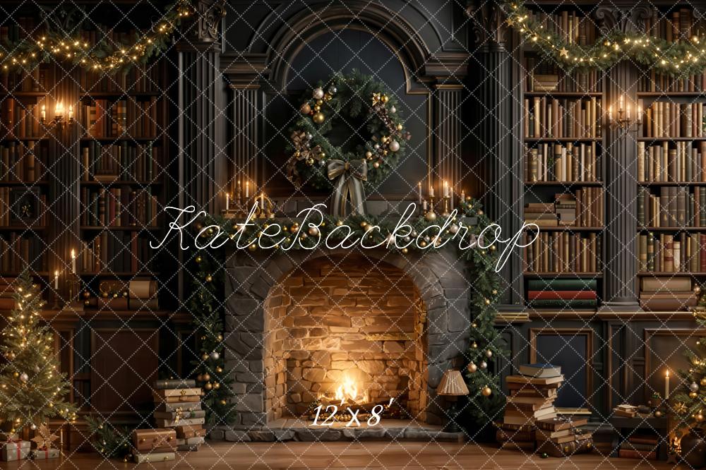 Kate Christmas Fireplace Wreath Bookcase Fleece Backdrop Designed by Emetselch