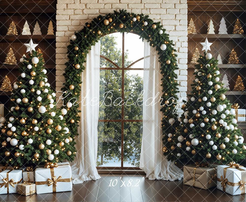 Kate Christmas Trees Garland White Brick Backdrop Designed by Mini MakeBelieve