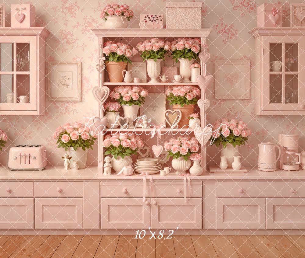 Kate Pink Kitchen Floral Shelf Fleece Backdrop Designed by Emetselch