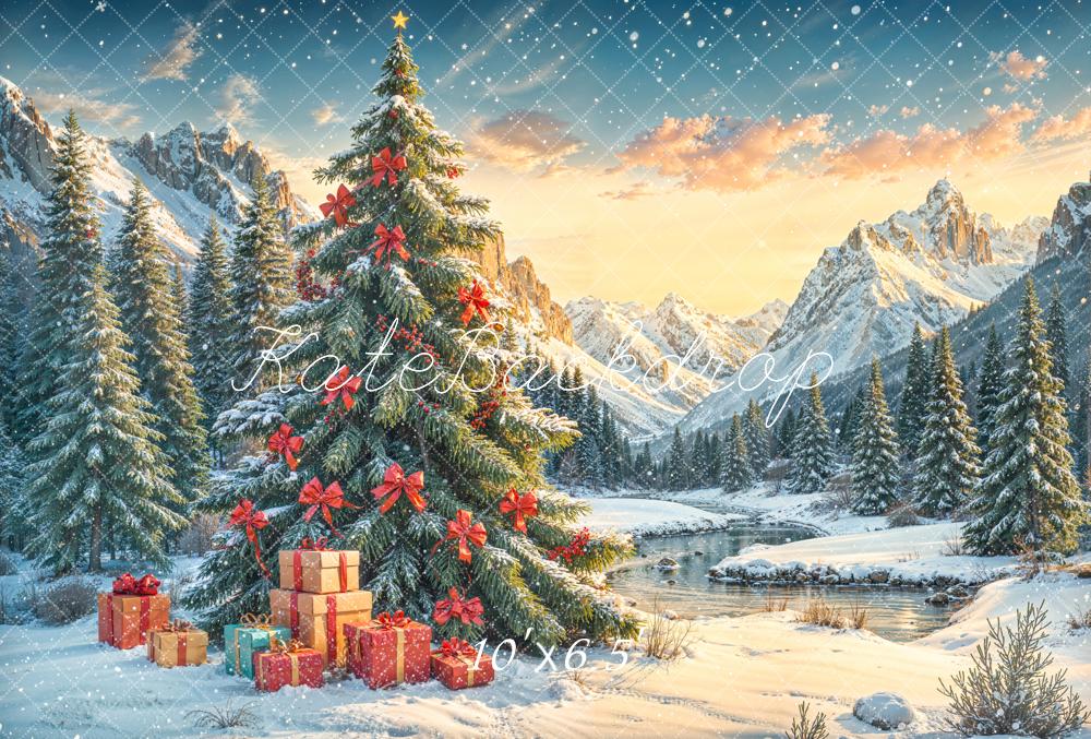 Kate Christmas Tree Snowy Mountains Fleece Backdrop Designed by Emetselch -UK