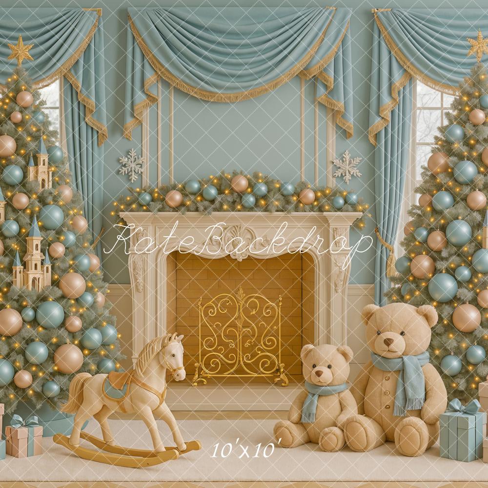 Kate Blue Gold Christmas Trees Fireplace Toys Backdrop Designed by Ashley Paul