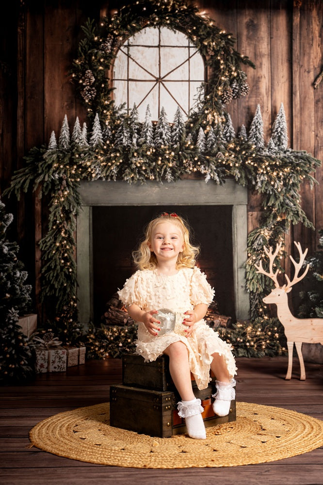 On Sale Kate Christmas Tree Fireplace Wreath Deer Backdrop+Wood Brown Floor Backdrop -UK