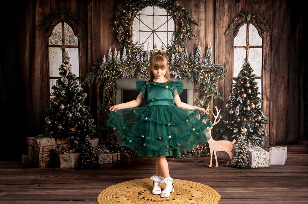 On Sale Kate Christmas Tree Fireplace Wreath Deer Backdrop+Wood Brown Floor Backdrop -UK