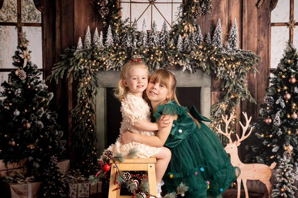 On Sale Kate Christmas Tree Fireplace Wreath Deer Backdrop+Wood Brown Floor Backdrop -UK