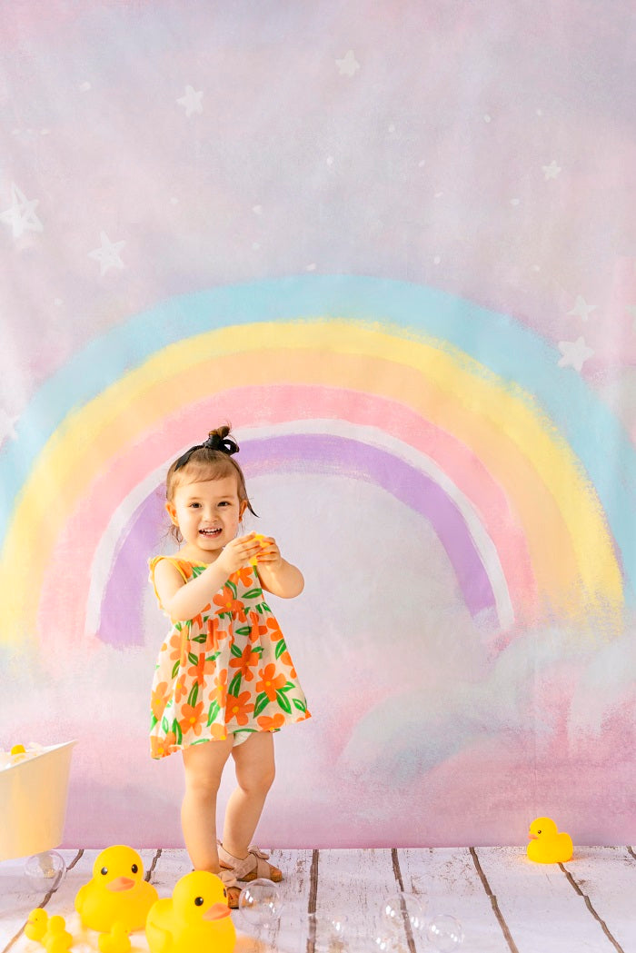 Kate Fantasy Cake Smash Backdrop Rainbow Sky with wood floor part(fabric) Designed by Chain Photography