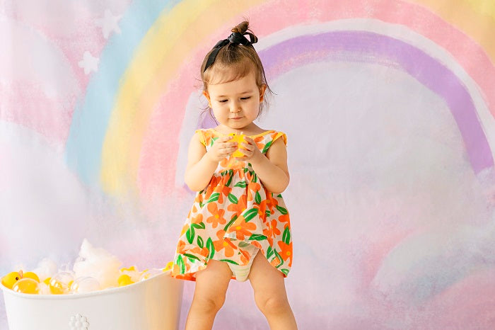 Kate Fantasy Cake Smash Backdrop Rainbow Sky with wood floor part(fabric) Designed by Chain Photography -UK