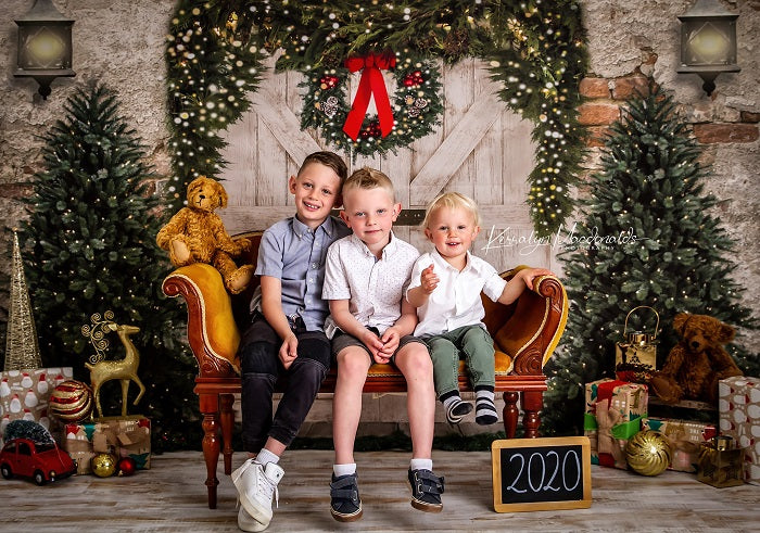 Kate Christmas Backdrop Brick Wall Door & Xmas Trees Designed By JS Photography -UK