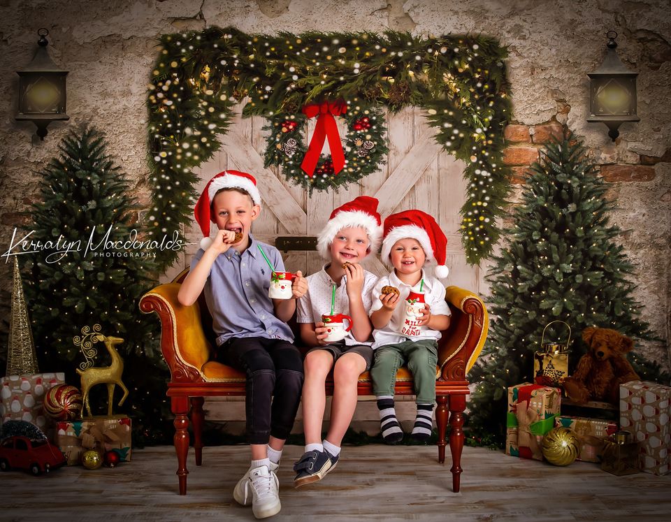 Kate Christmas Backdrop Brick Wall Door & Xmas Trees Designed By JS Photography -UK