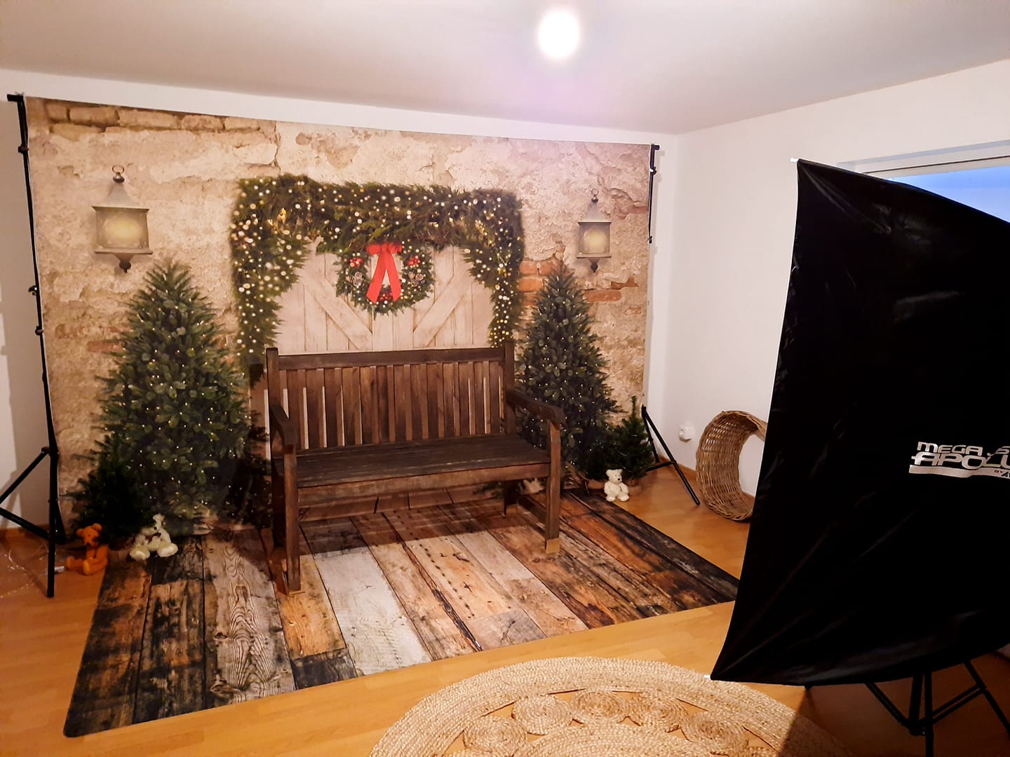 Kate Christmas Backdrop Brick Wall Door & Xmas Trees Designed By JS Photography -UK