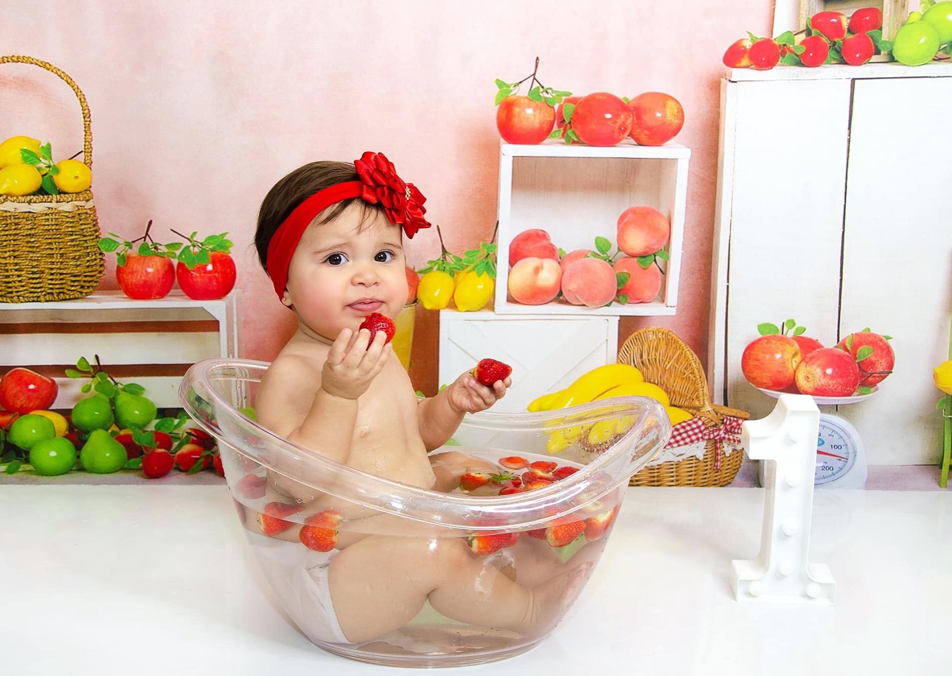 Kate Apple Lemon Peach Fruit Stand Red Backdrop Designed by Jia Chan Photography -UK
