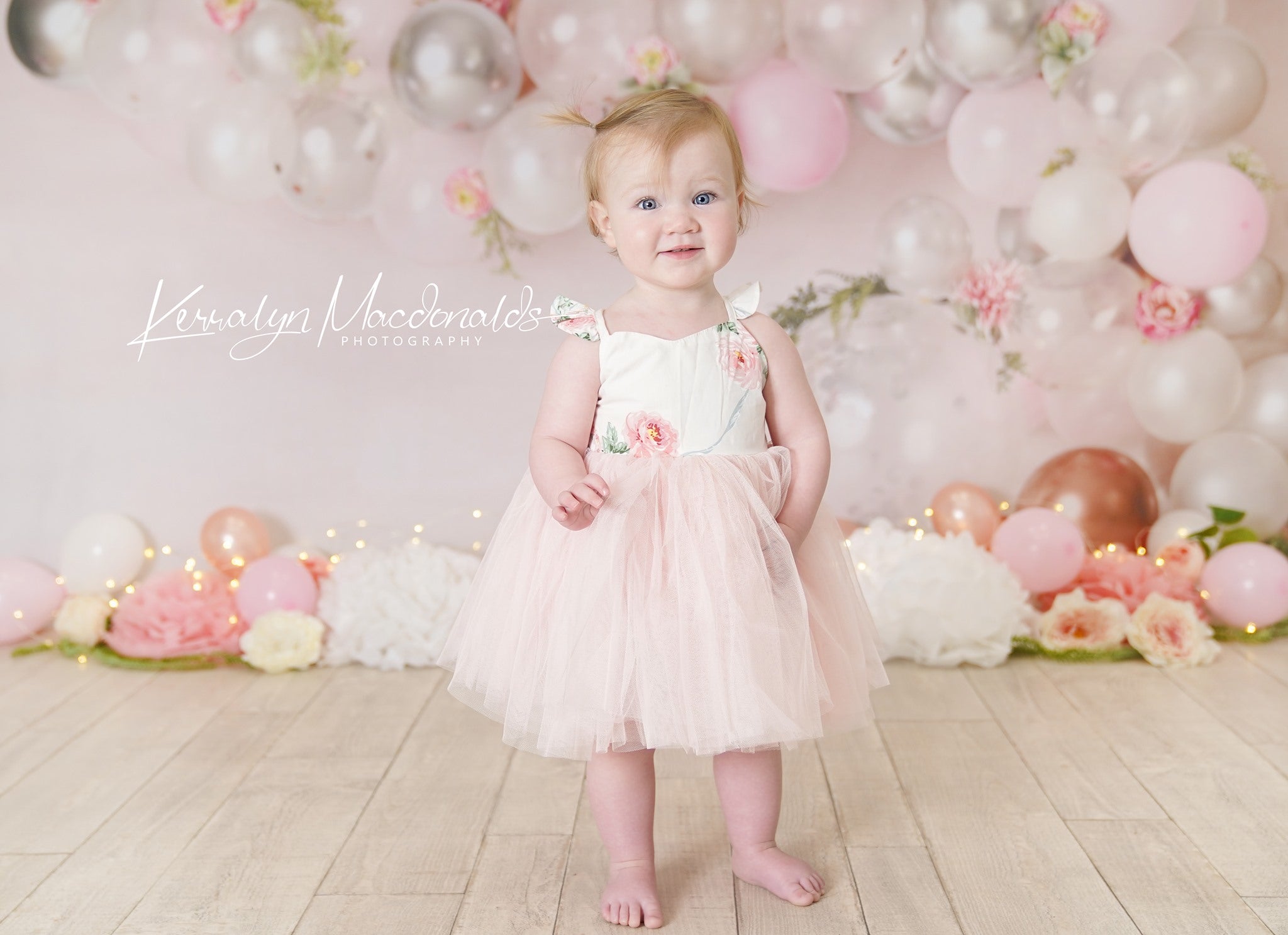 Kate Pink White Rose Gold Balloon Arch Backdrop Designed by Mandy Ringe Photography