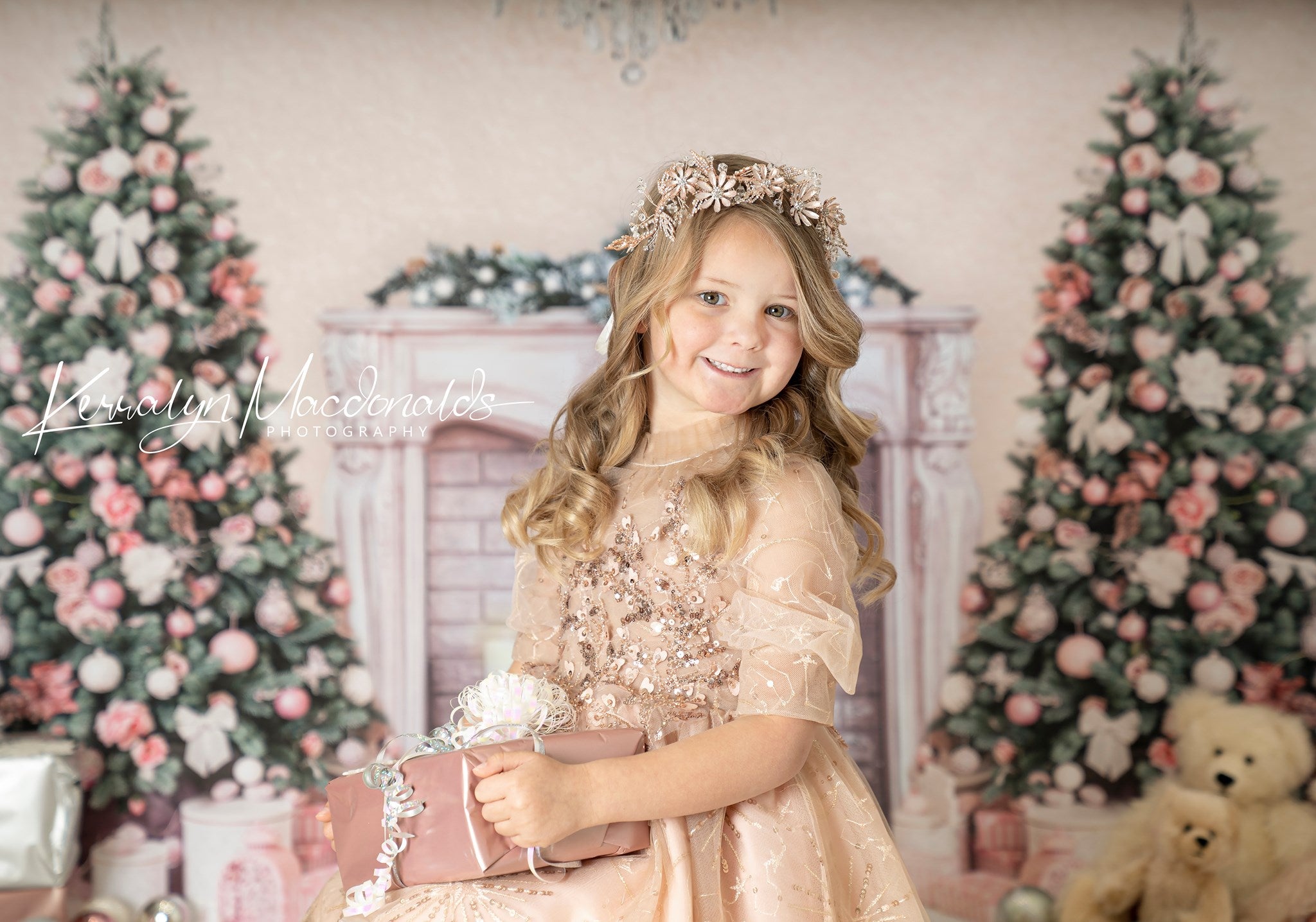 Kate Christmas Trees Backdrop Fireplace Pink Wall for Photography -UK