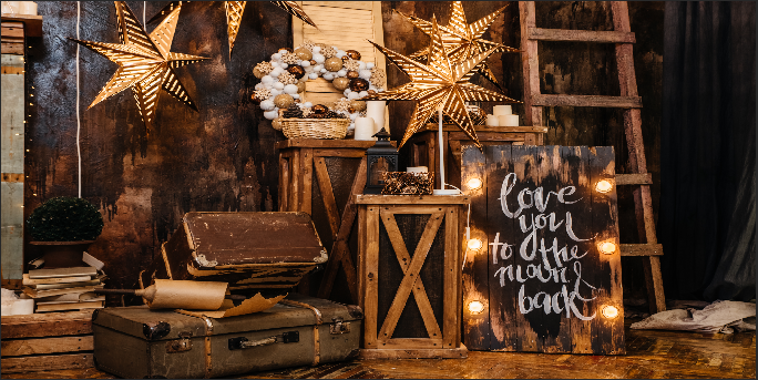 Kate Christmas and New Year decorated interior room with presents Backdrop