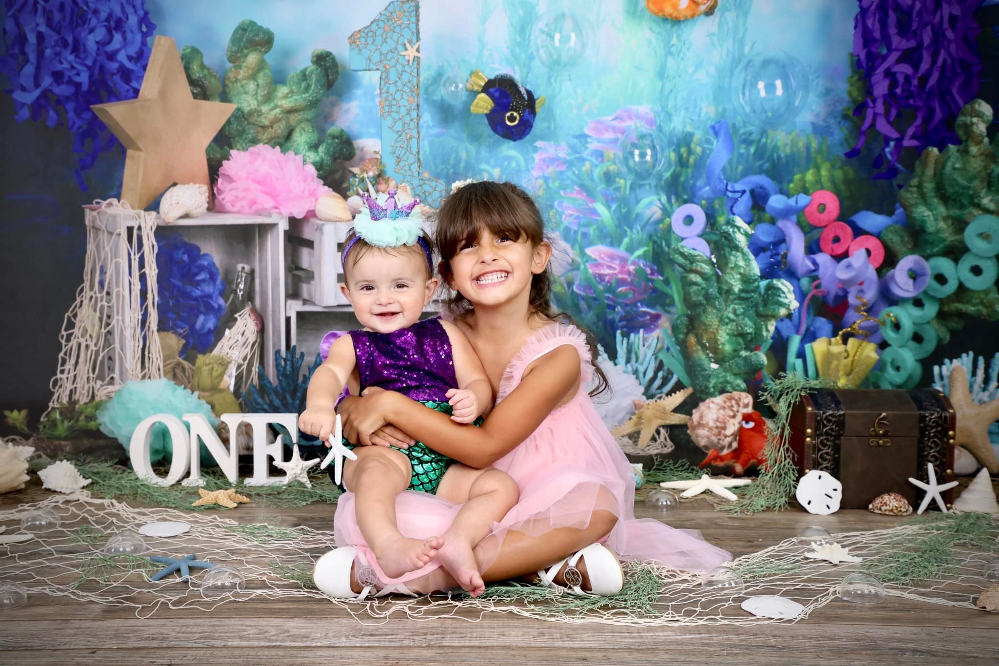 Kate mermaid under sea 1st birthday cake smash backdrop designed by studio gumot -UK