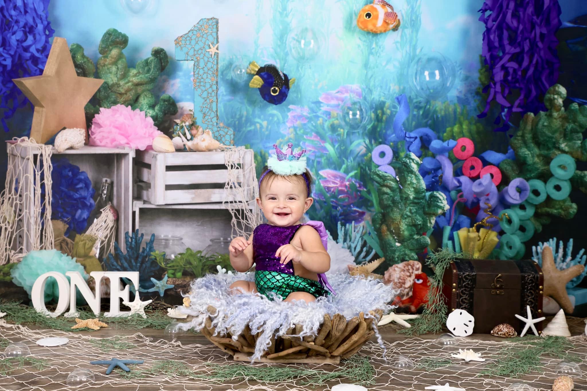 Kate mermaid under sea 1st birthday cake smash backdrop designed by studio gumot -UK