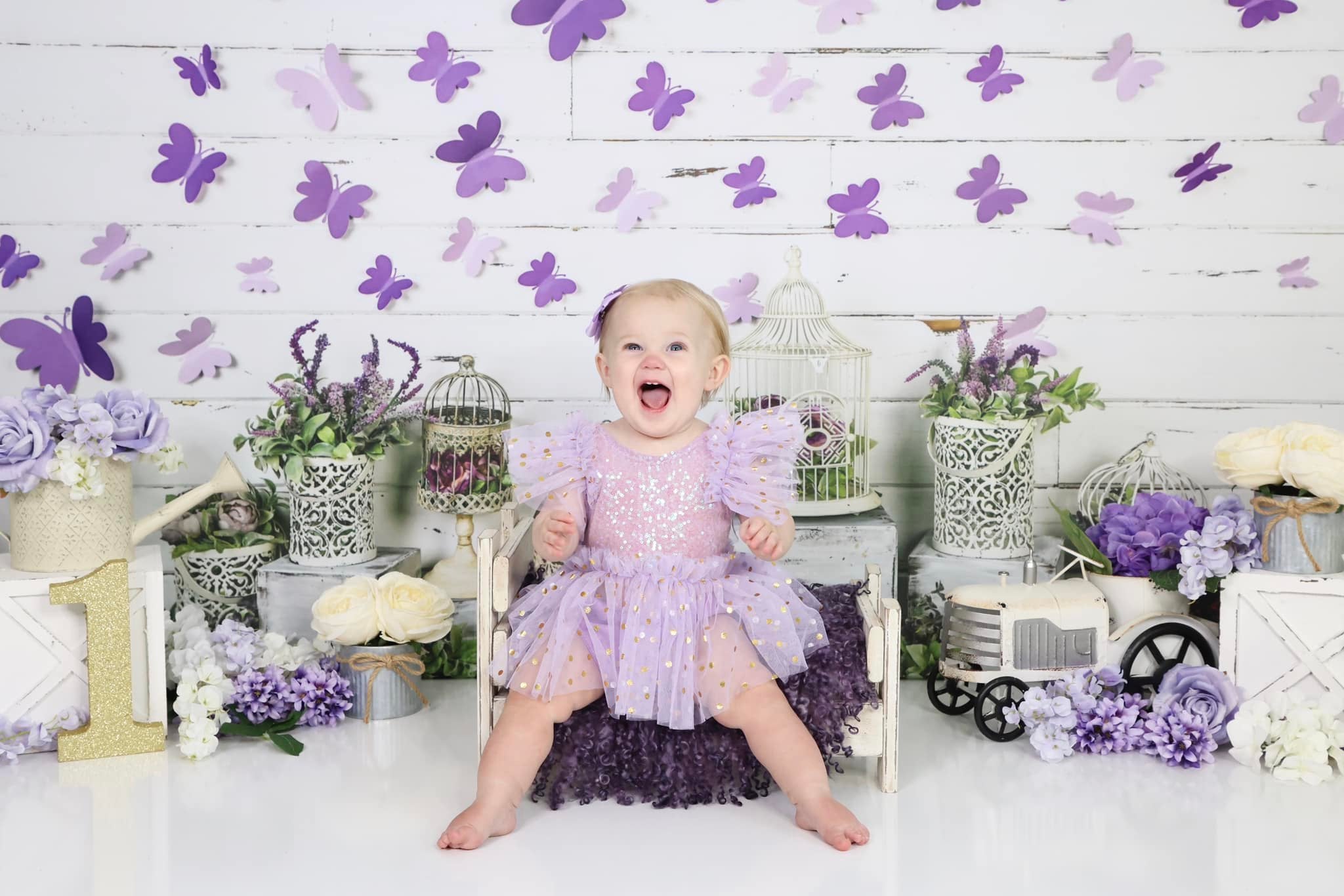 Kate Spring Purple Butterfly Plants White Wall Backdrop Designed By Arica Kirby -UK