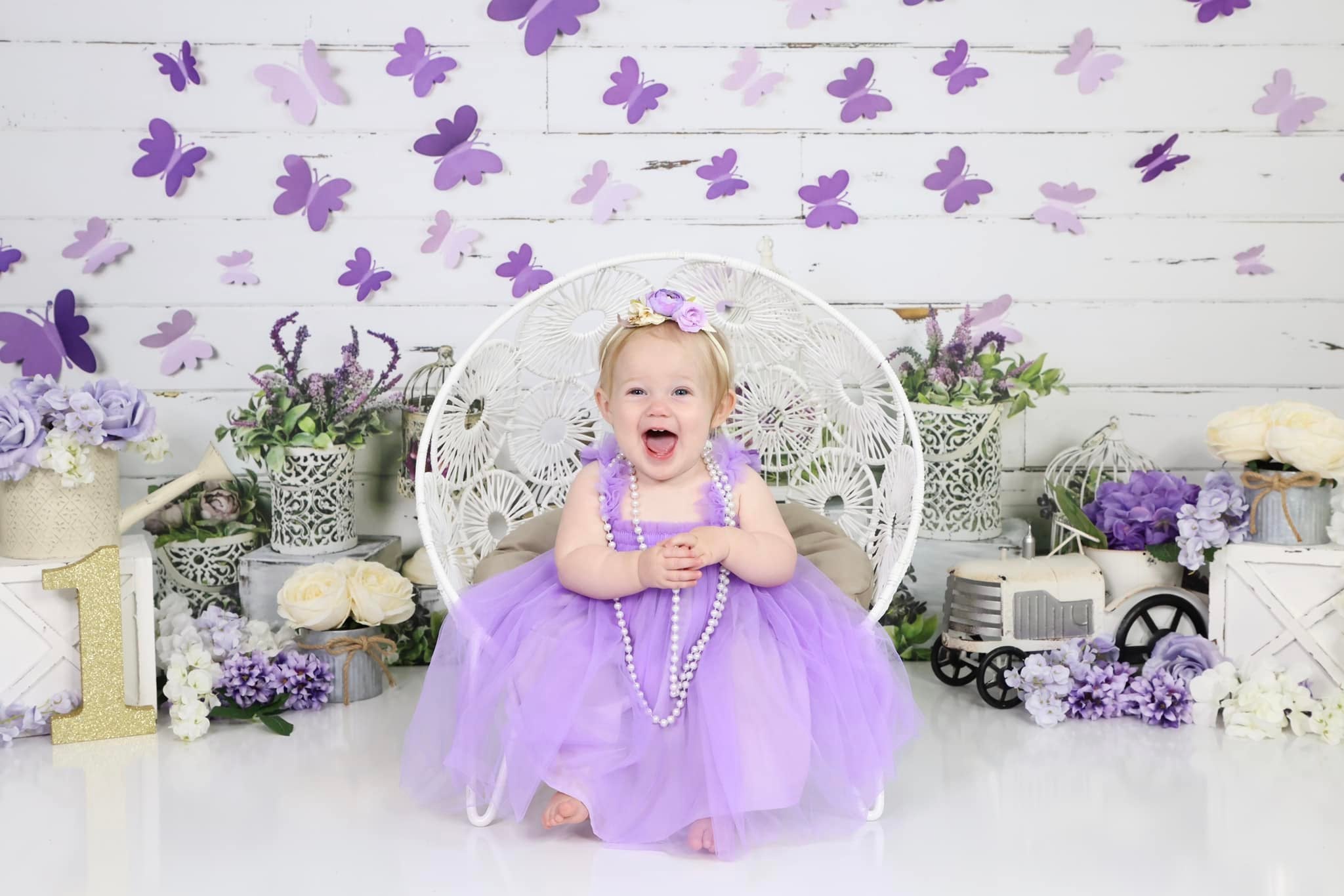 Kate Spring Purple Butterfly Plants White Wall Backdrop Designed By Arica Kirby -UK