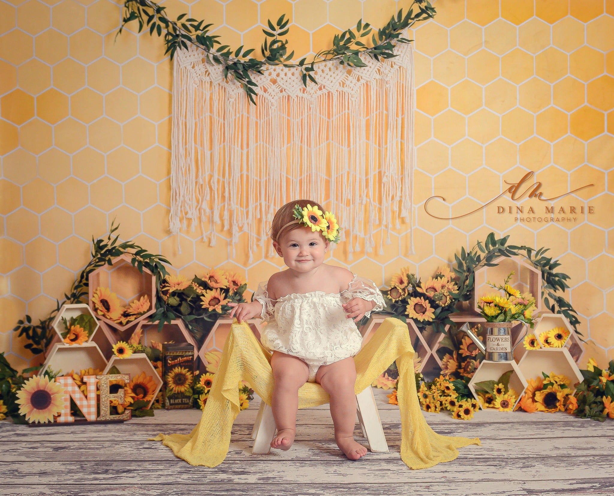 Kate Honeycomb Yellow Boho Cake Smash Backdrop Designed by Emetselch -UK