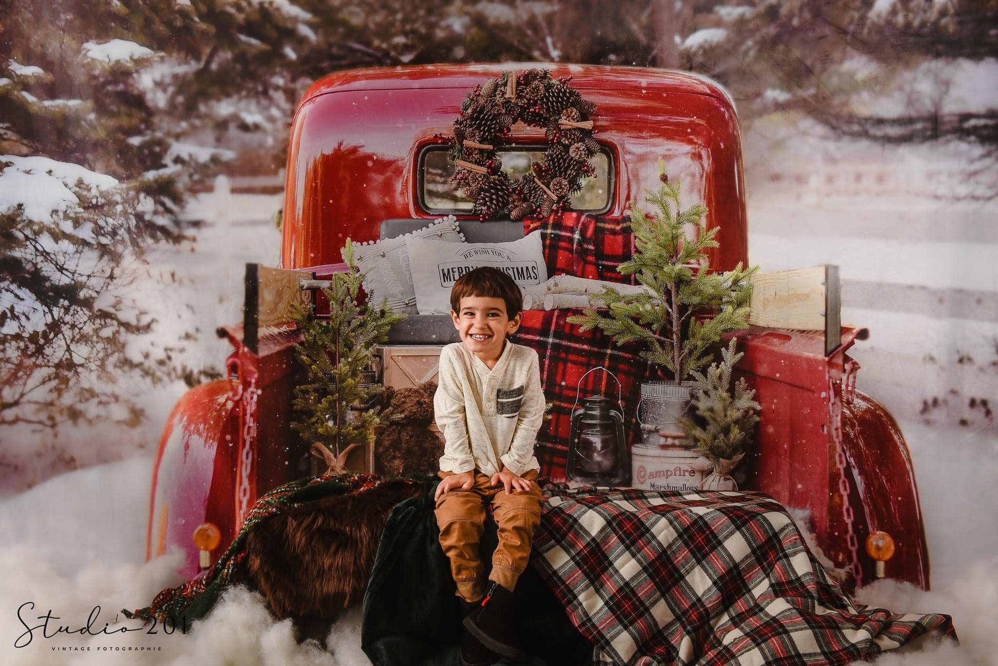 Kate Red Christmas Truck in Snow Backdrop Designed by Mandy Ringe Photography -UK