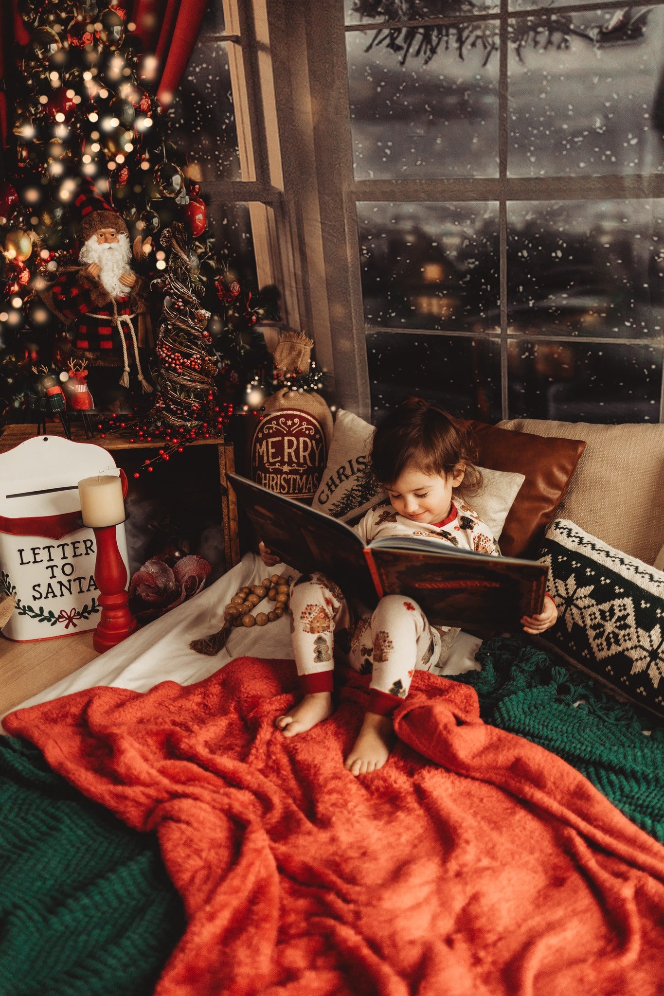 Kate Snowy Christmas Window Red Curtain Backdrop for Photography -UK