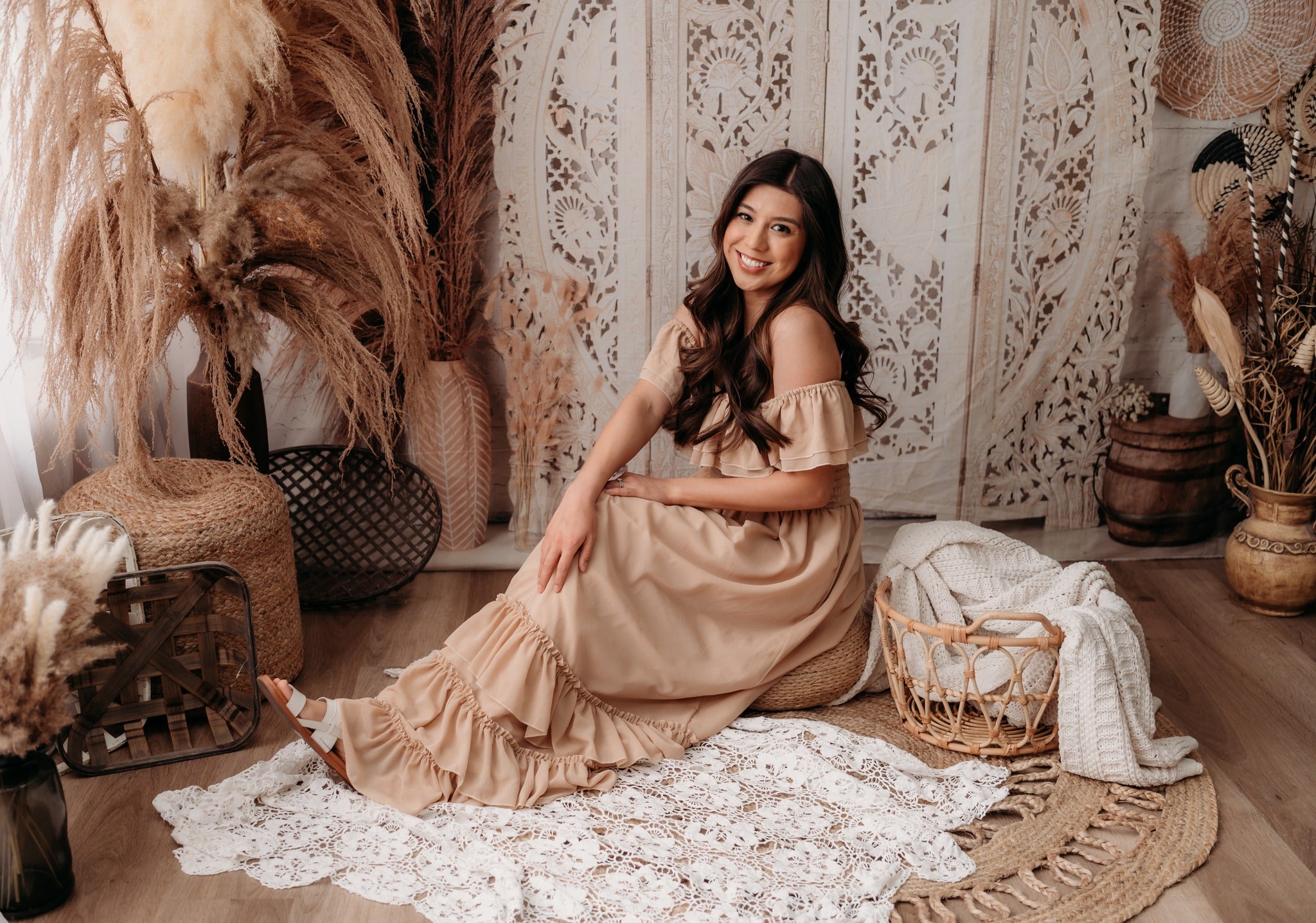 Kate Boho Screen with Pampas Grass Backdrop Designed by Mandy Ringe Photography -UK