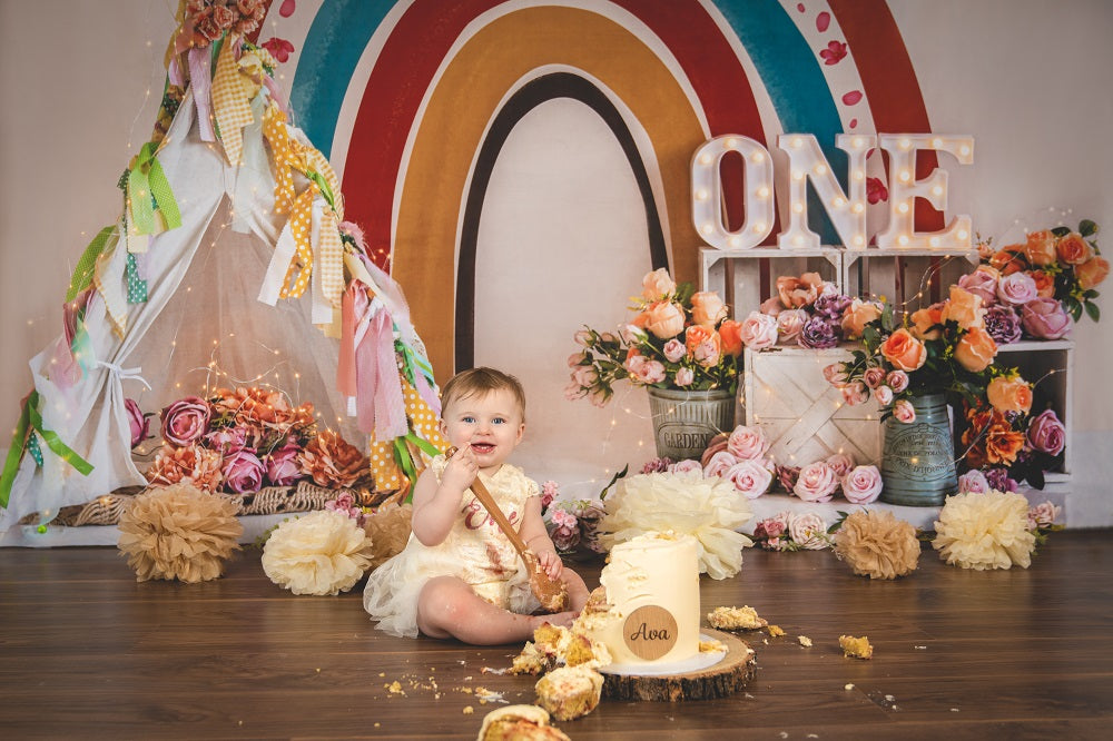 Kate Boho Rainbow Birthday Cake Smash Backdrop Designed by Emetselch -UK