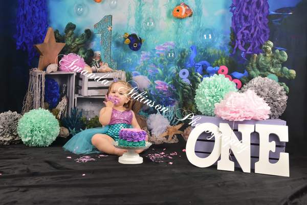 Kate mermaid under sea 1st birthday cake smash backdrop designed by studio gumot -UK