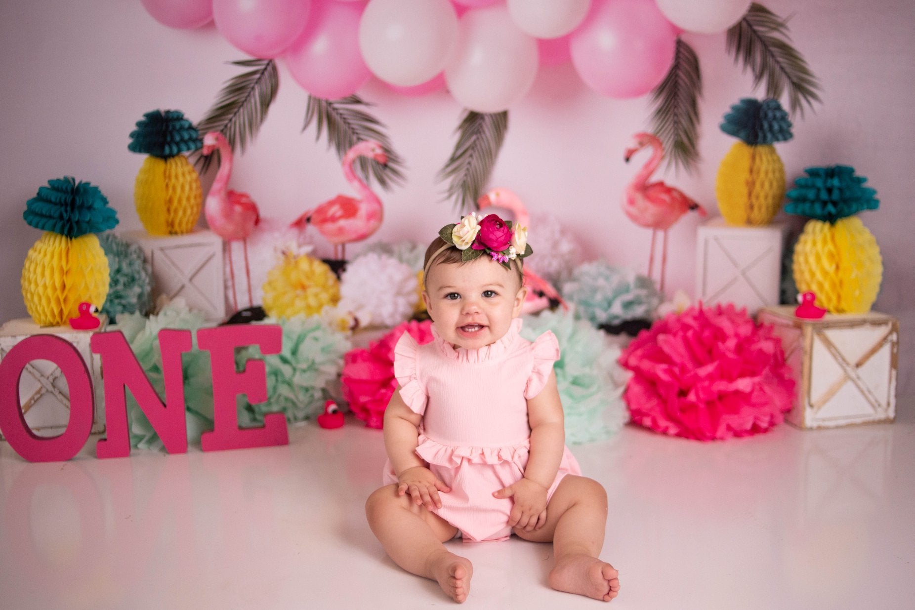 Kate Summer Balloons Flowers Flamingo Backdrop Designed by Mandy Ringe Photography -UK