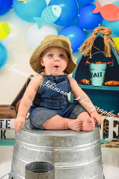 Kate Fish and Balloons 1st Birthday Summer Backdrop Designed by Amberly Ware -UK
