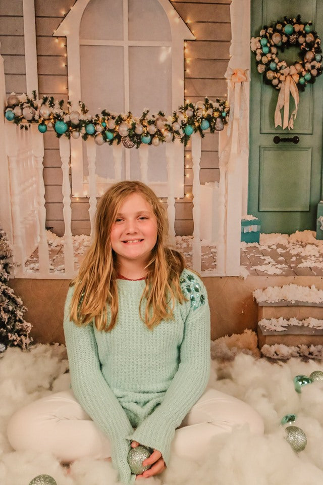 Kate Christmas Decoration White Snow Room with Stairs Backdrops for Photography -UK