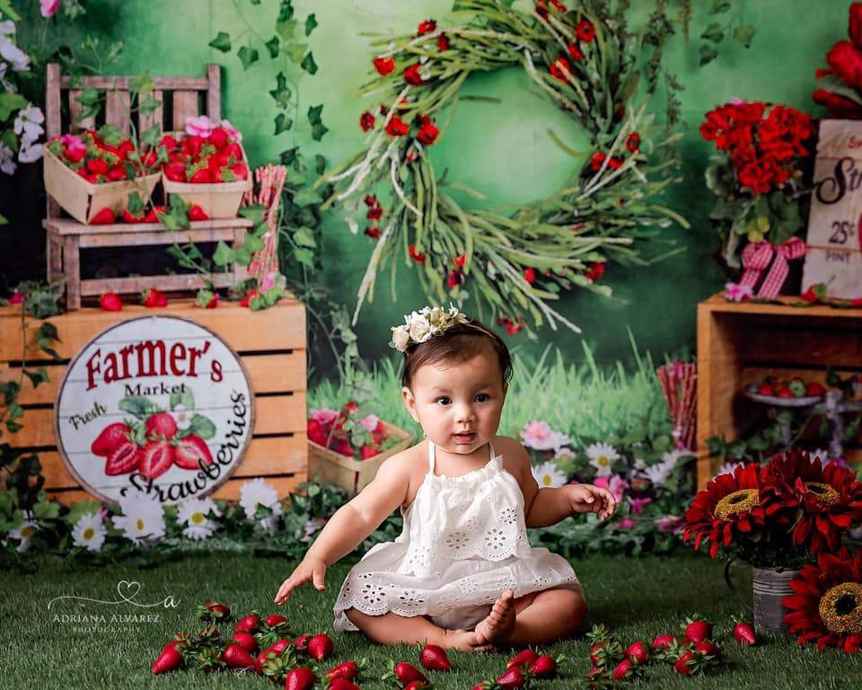 Kate Summer Strawberry White Flower Green Leaves Backdrop -UK