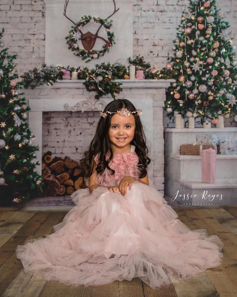 Kate Christmas Tree with Fireplace White Brick Wall Warmful Backdrop for Photography -UK