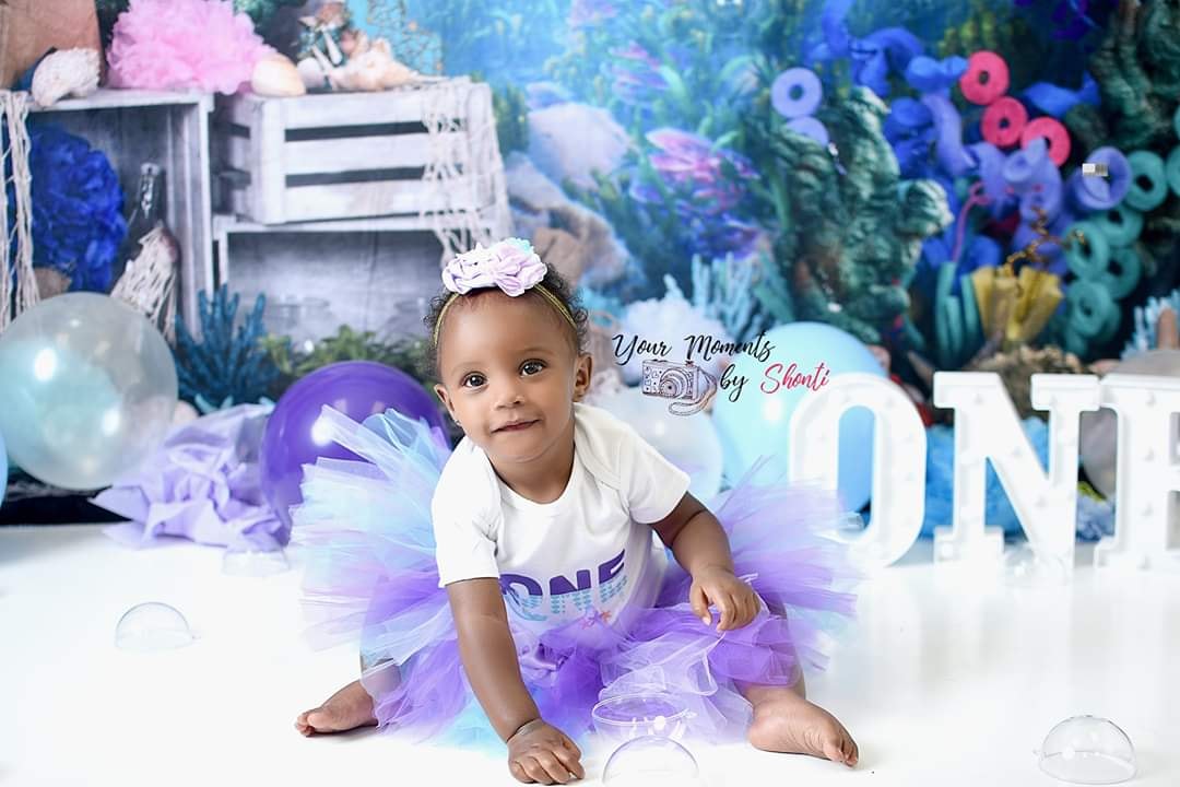 Kate mermaid under sea 1st birthday cake smash backdrop designed by studio gumot -UK