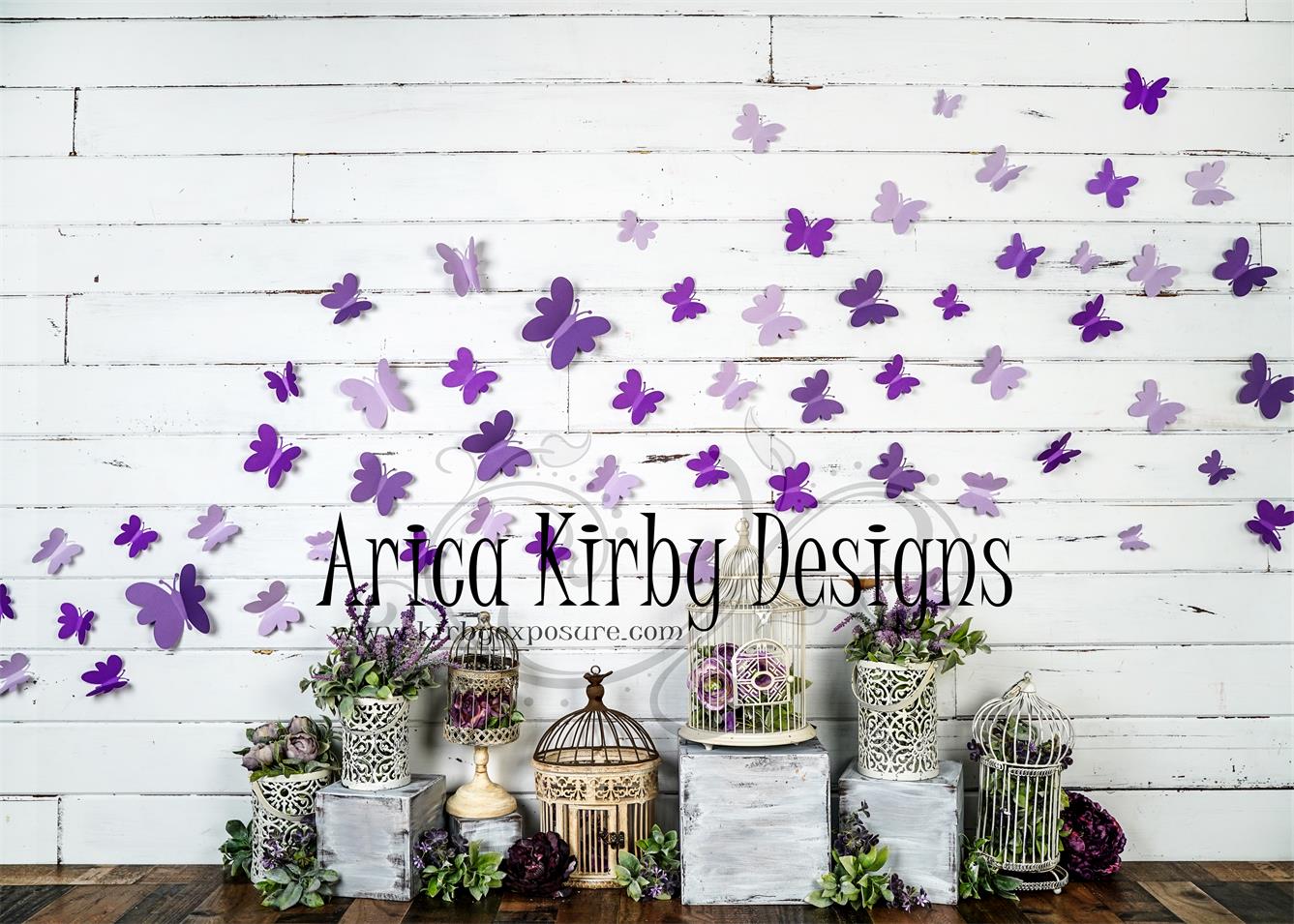 Kate Spring Purple Butterfly Plants White Wall Backdrop Designed By Arica Kirby -UK