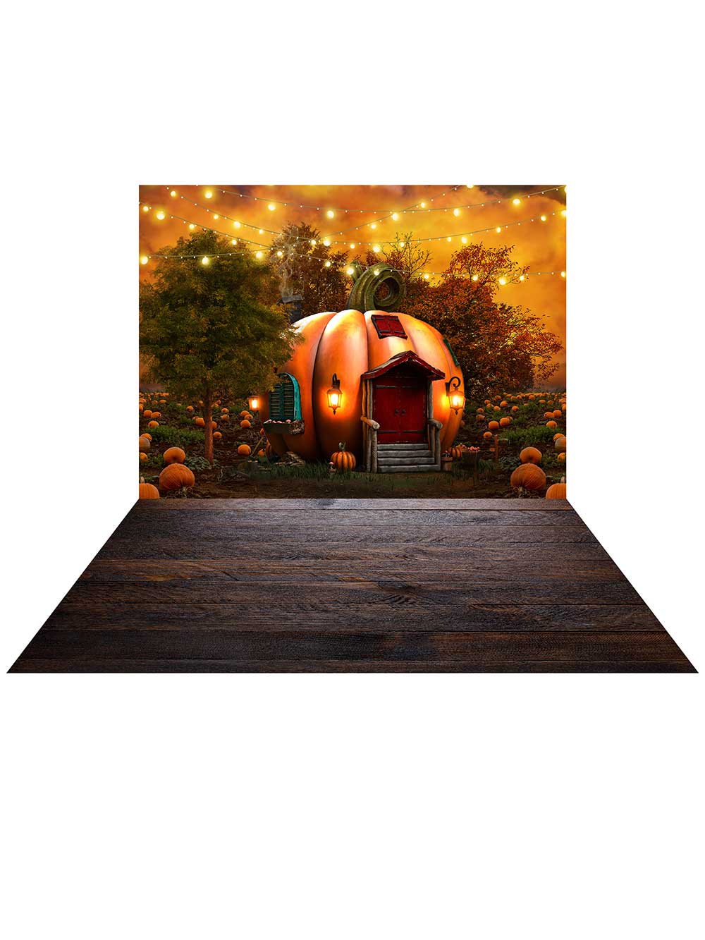 Kate Fall Pumpkin House Backdrop+ Dark Wood Barn Rubber Floor Mat -UK