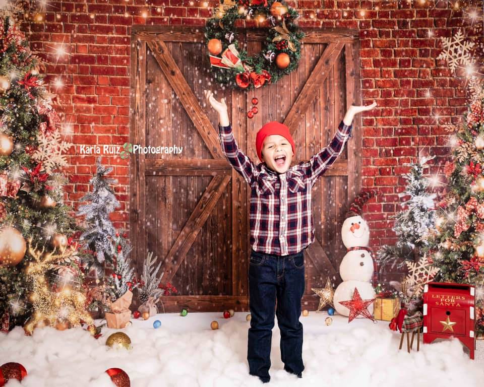 Kate Christmas Barn Door Brick Snowman Backdrop for Photography