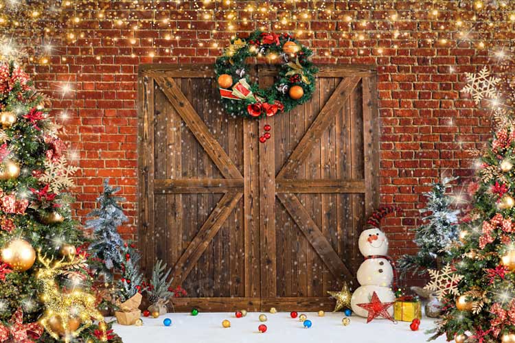 Kate Christmas Barn Door Brick Snowman Backdrop for Photography