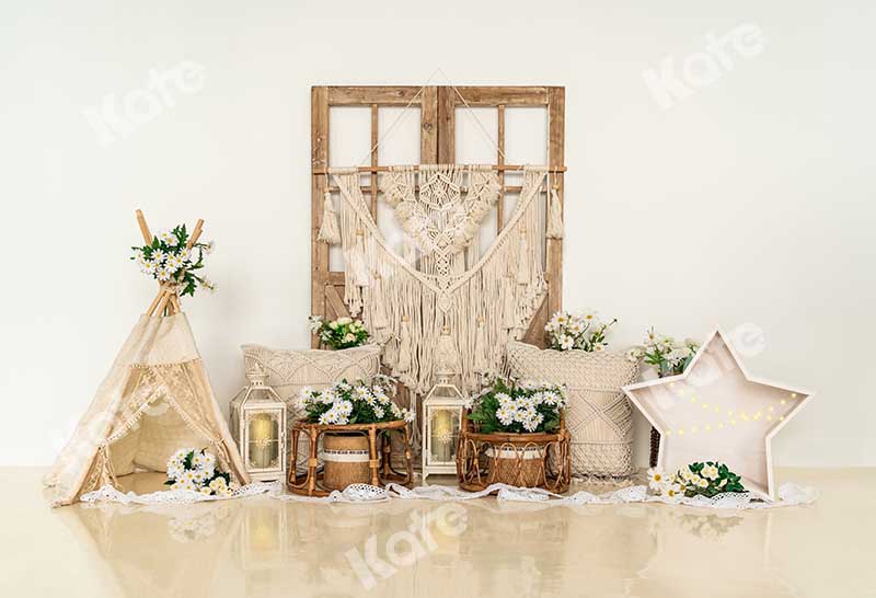 Kate Beige Little Daisy Floral Boho Backdrop Designed by Emetselch -UK