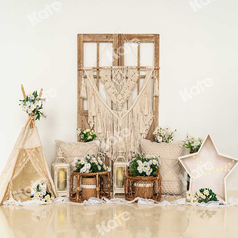Kate Beige Little Daisy Floral Boho Backdrop Designed by Emetselch -UK
